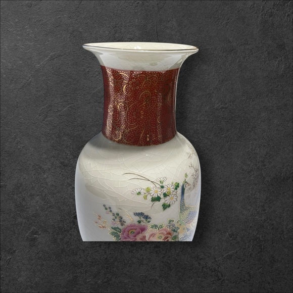 Vintage Japan Satsuma Floral Peacock 10 1/2” Vase Crackle Pattern - Picture 6 of 13